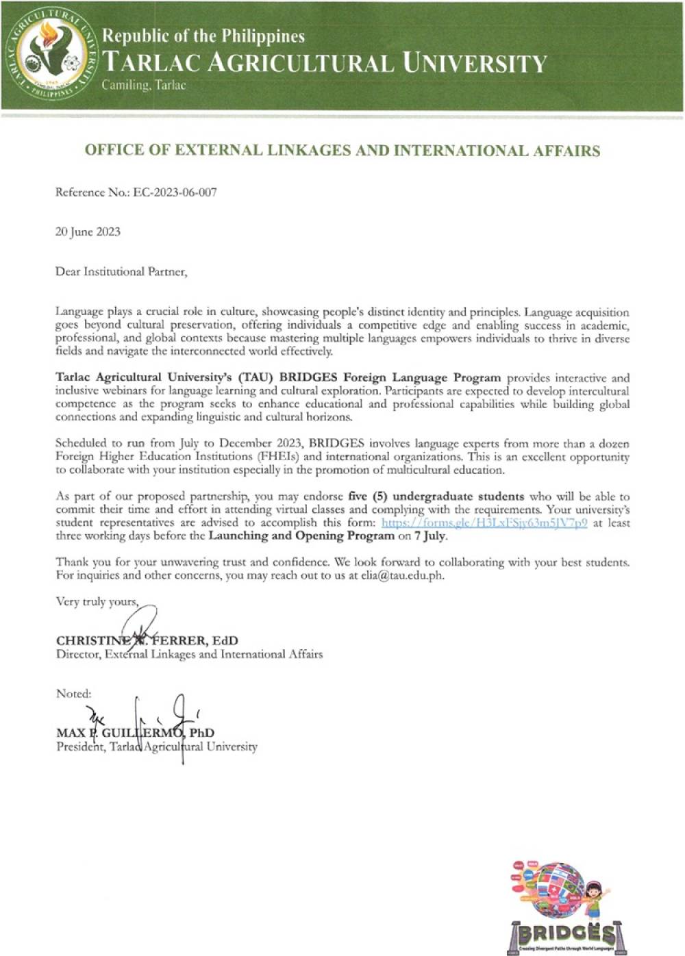 Tarlac Agricultural University, Philippines’ Global BRIDGES Foreign Language Program 2023